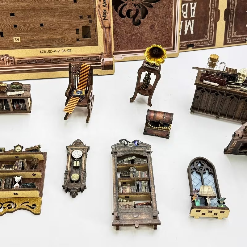 Magic Abode Book Nook – LED Işıklı Sihirli Çalışma Odası Minyatür Kitaplık DIY Ahşap Maket Kiti