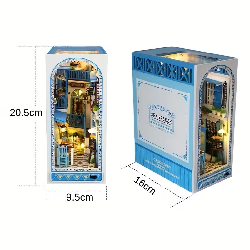 Sea Breeze Book Nook Minyatür Model – LED Işıklı Akdeniz Sokak Temalı DIY Ahşap Kitaplık Dekoru