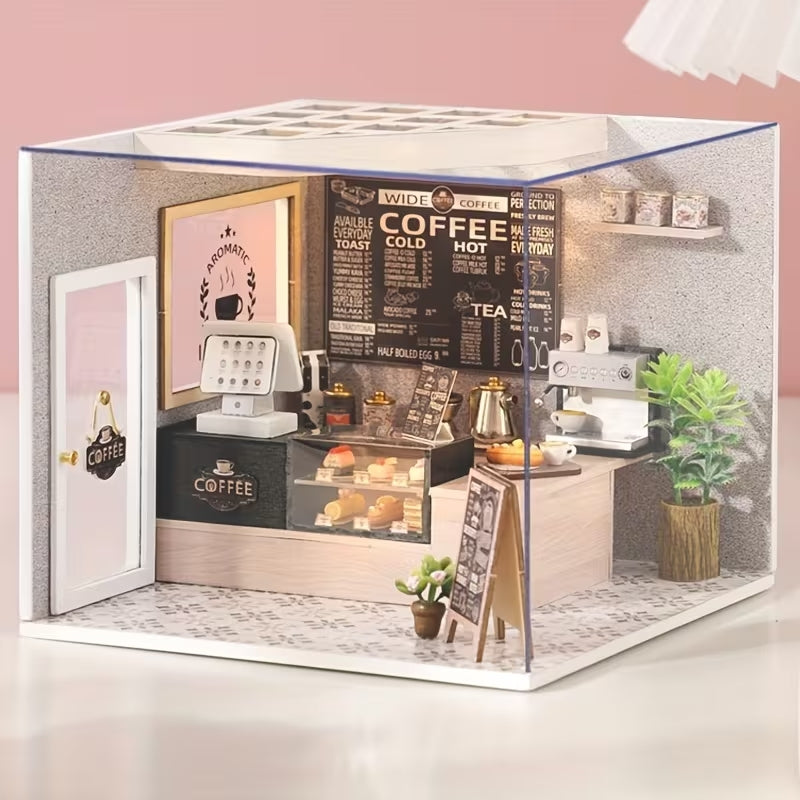 WoodenThings Wide Coffee Shop Mini Diorama – LED’li Dekoratif Minyatür Kafe Maketi, Kendin Yap