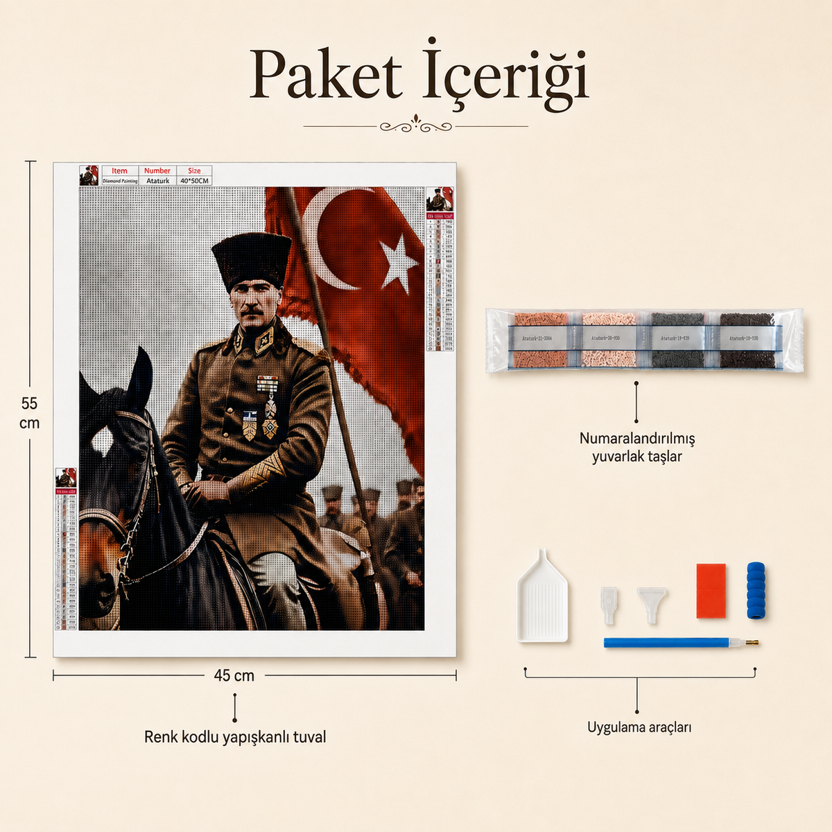 Atatürk ve Türk Bayrağı Elmas Boyama Tablo Kiti – 40×50 cm