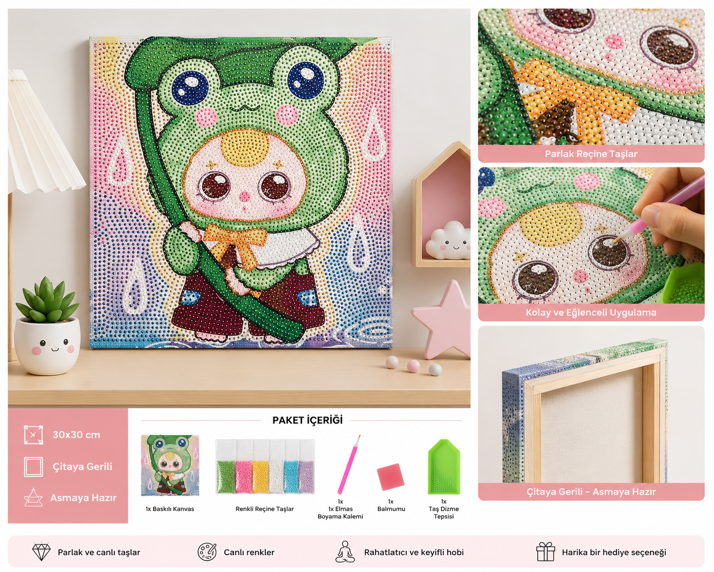 Kurbağa My Melody Elmas Boyama Seti 30x30 cm | Çitaya Gerili Kendin Yap Diamond Painting Hobi Kiti