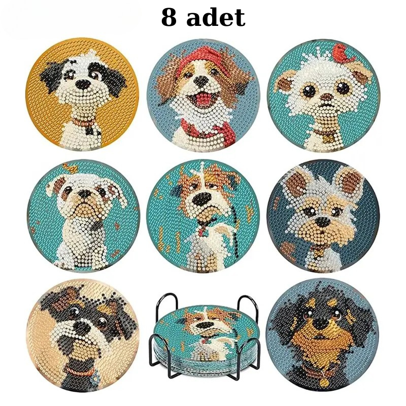 Sevimli Köpek Temalı Elmas Boyama Bardak Altlığı Seti