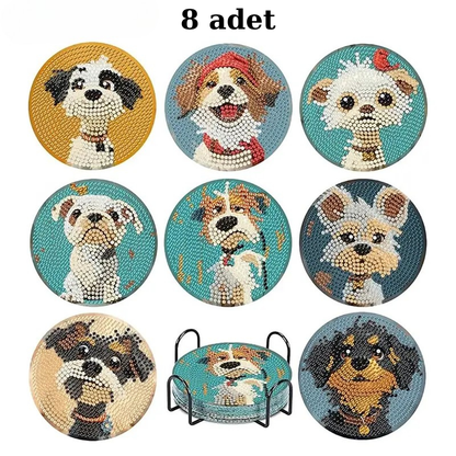 Sevimli Köpek Temalı Elmas Boyama Bardak Altlığı Seti