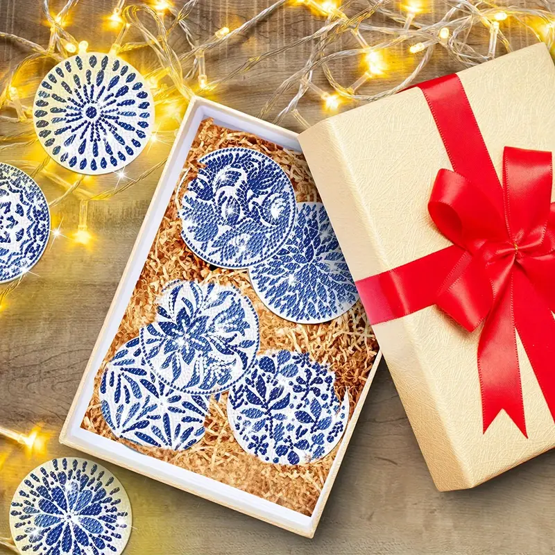 Mavi Beyaz Porselen Temalı Elmas Boyama Bardak Altlığı Seti