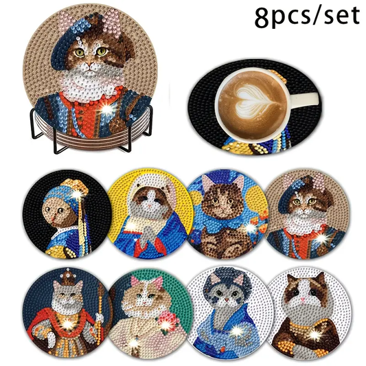 Sanatsal Kedi Temalı DIY Elmas Boyama Bardak Altlığı Seti