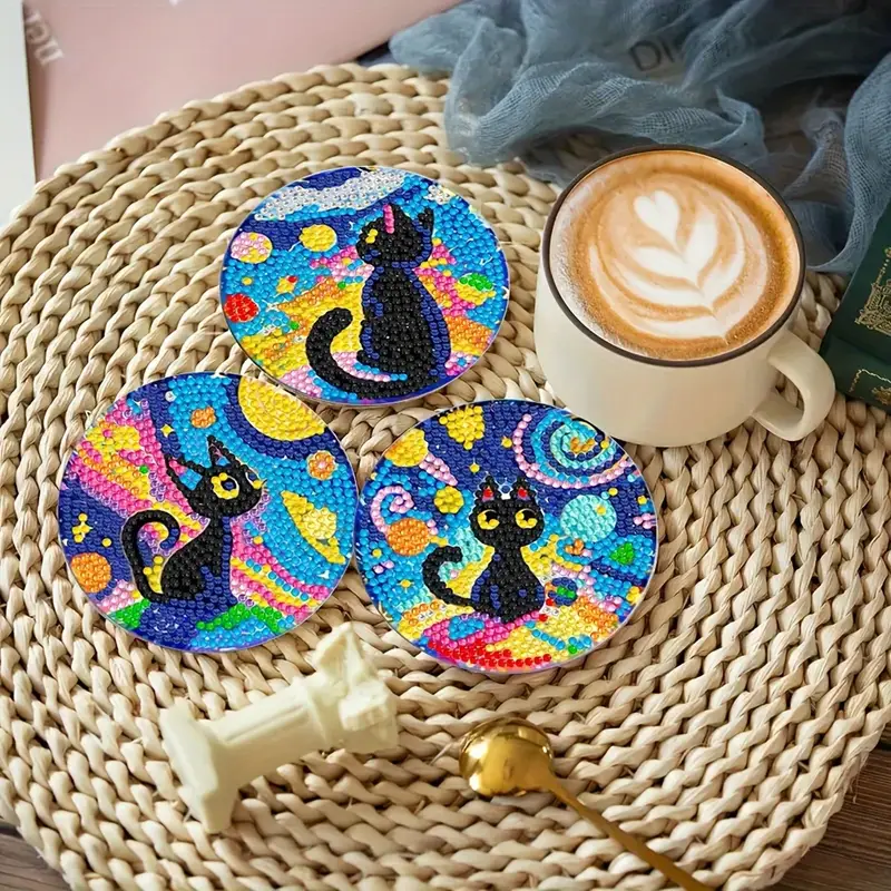 Yıldızı Gece Kedi Temalı Elmas Boyama Bardak Altlığı Seti