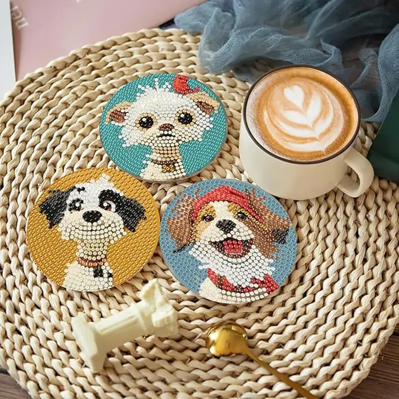 Sevimli Köpek Temalı Elmas Boyama Bardak Altlığı Seti