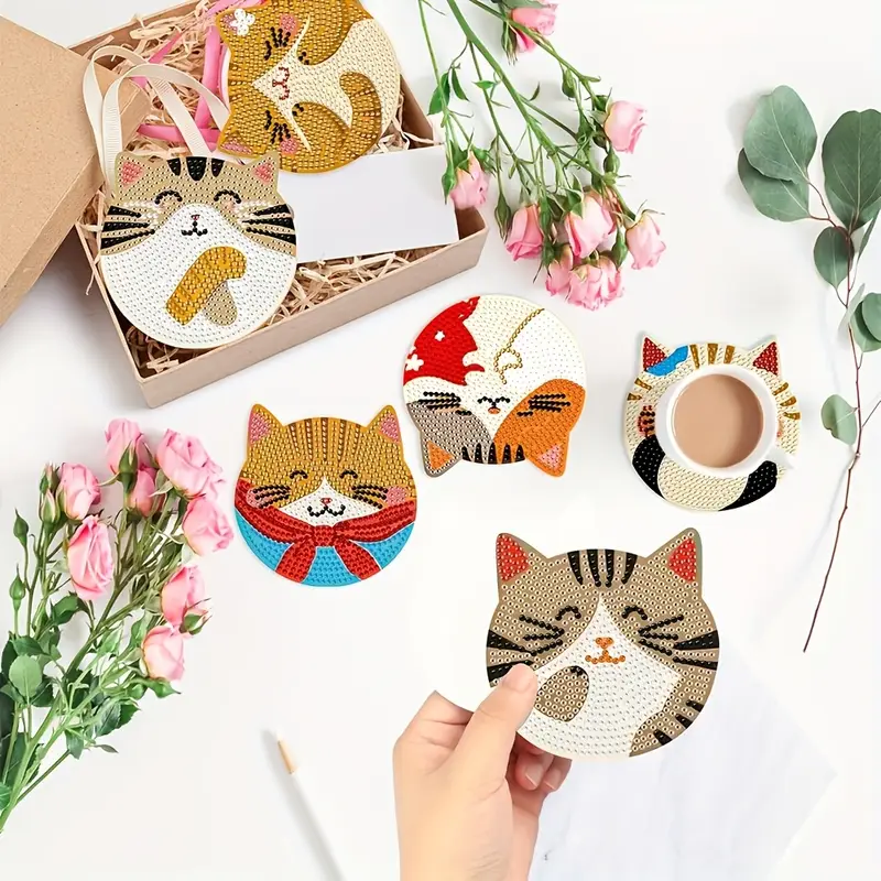Kedi Temalı Elmas Boyama Bardak Altlığı Seti