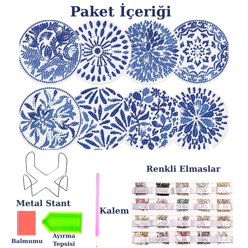 Mavi Beyaz Porselen Temalı Elmas Boyama Bardak Altlığı Seti