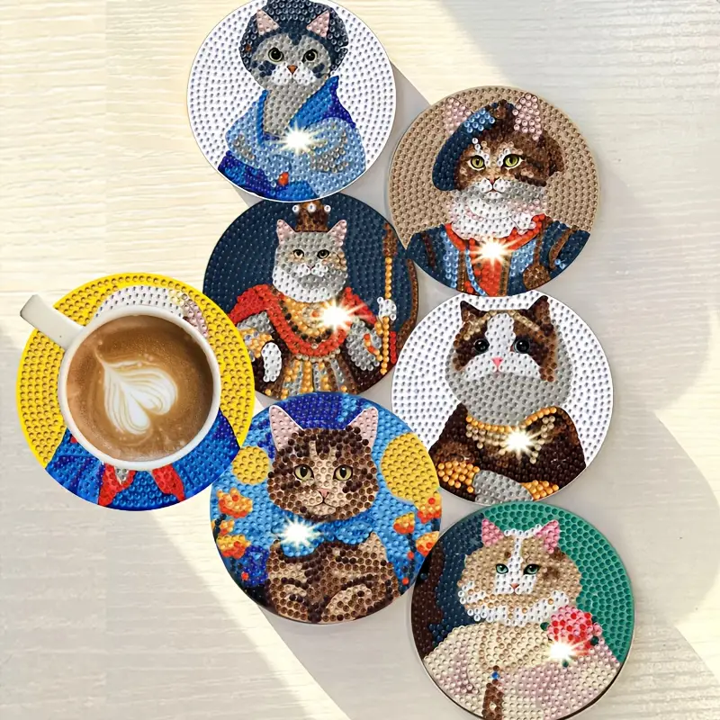 Sanatsal Kedi Temalı Elmas Boyama Seti Bardak Altlığı 8 Parça