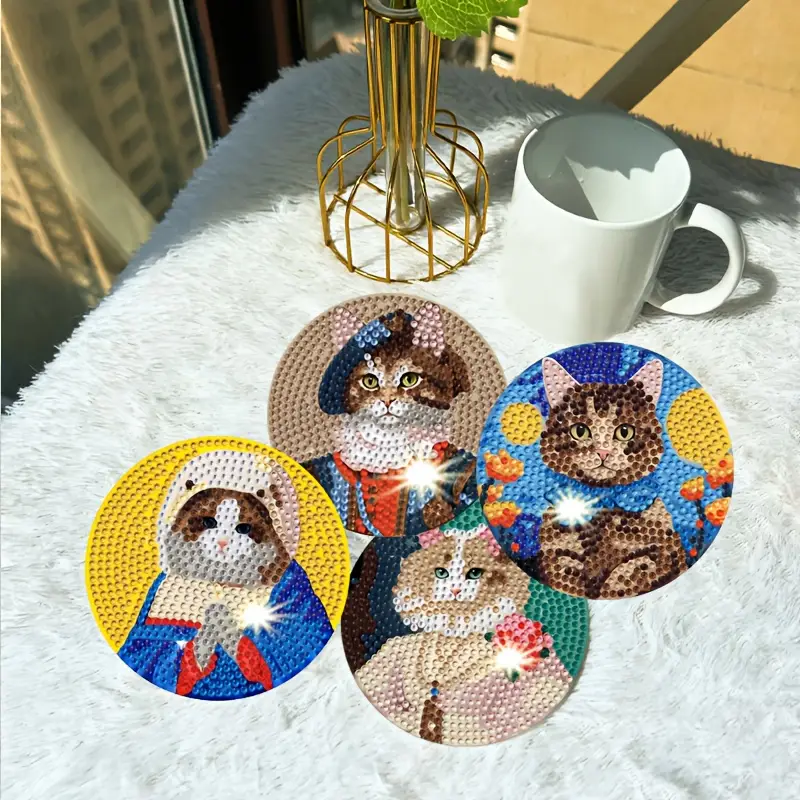 Sanatsal Kedi Temalı DIY Elmas Boyama Bardak Altlığı Seti