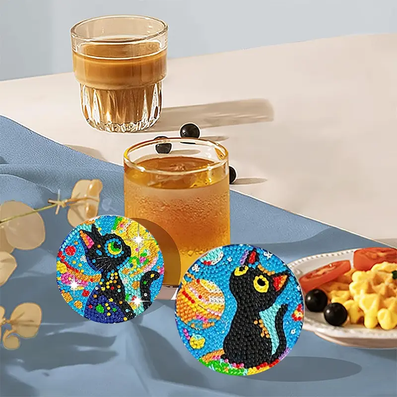 Yıldızı Gece Kedi Temalı Elmas Boyama Bardak Altlığı Seti