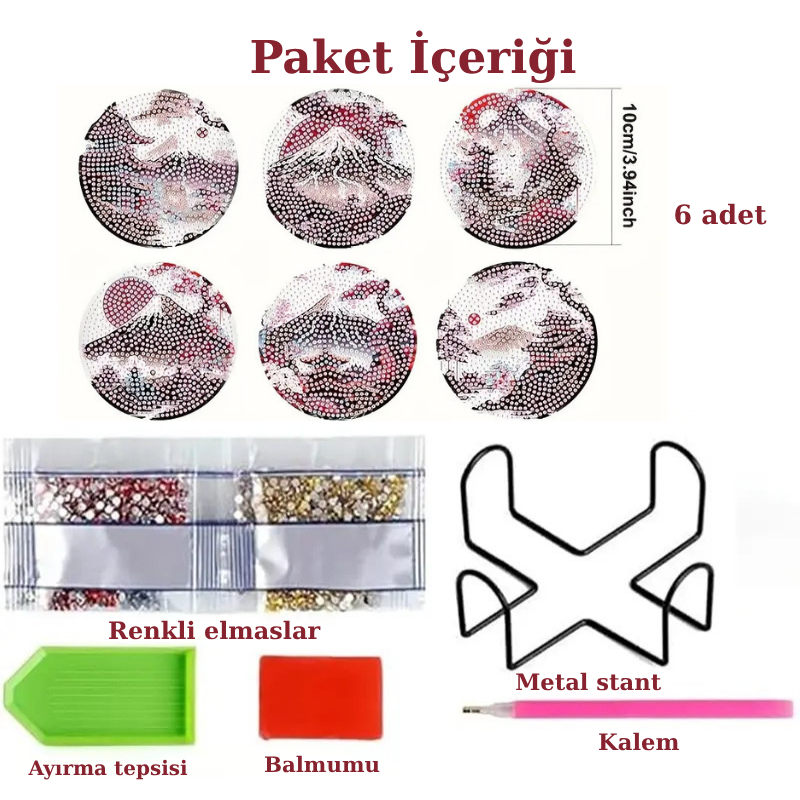 Japonya Temalı Elmas Boyama Bardak Altlığı Seti