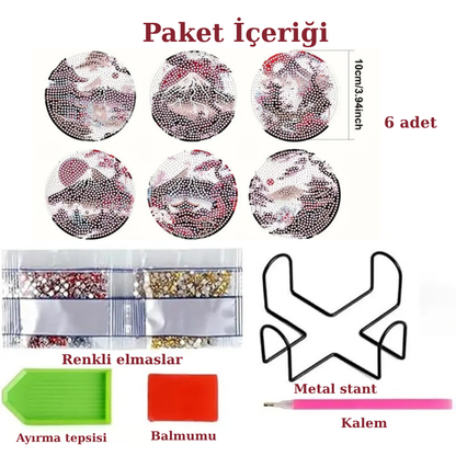 Japonya Temalı Elmas Boyama Bardak Altlığı Seti