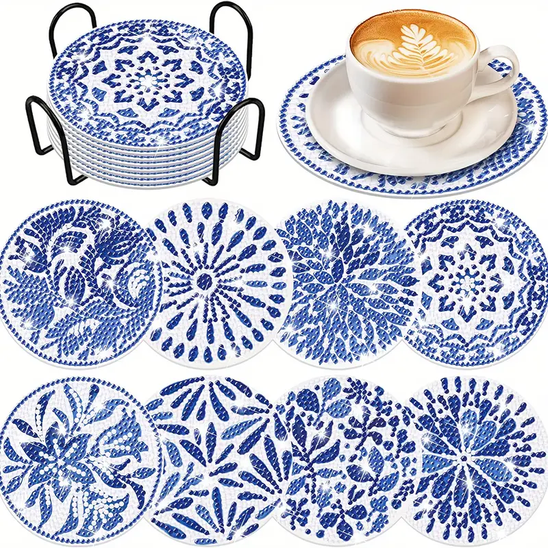 Mavi Beyaz Porselen Temalı Elmas Boyama Bardak Altlığı Seti