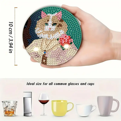 Sanatsal Kedi Temalı DIY Elmas Boyama Bardak Altlığı Seti