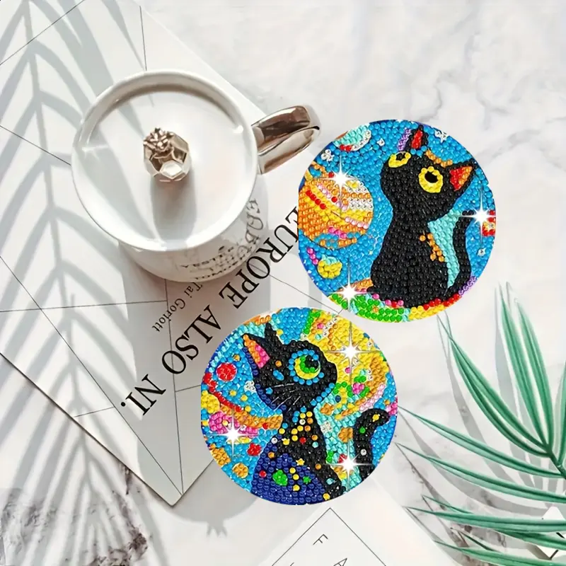 Yıldızı Gece Kedi Temalı Elmas Boyama Bardak Altlığı Seti