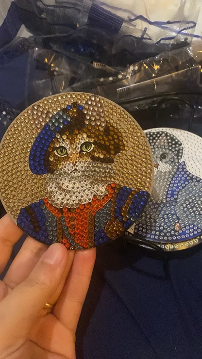 Sanatsal Kedi Temalı DIY Elmas Boyama Bardak Altlığı Seti