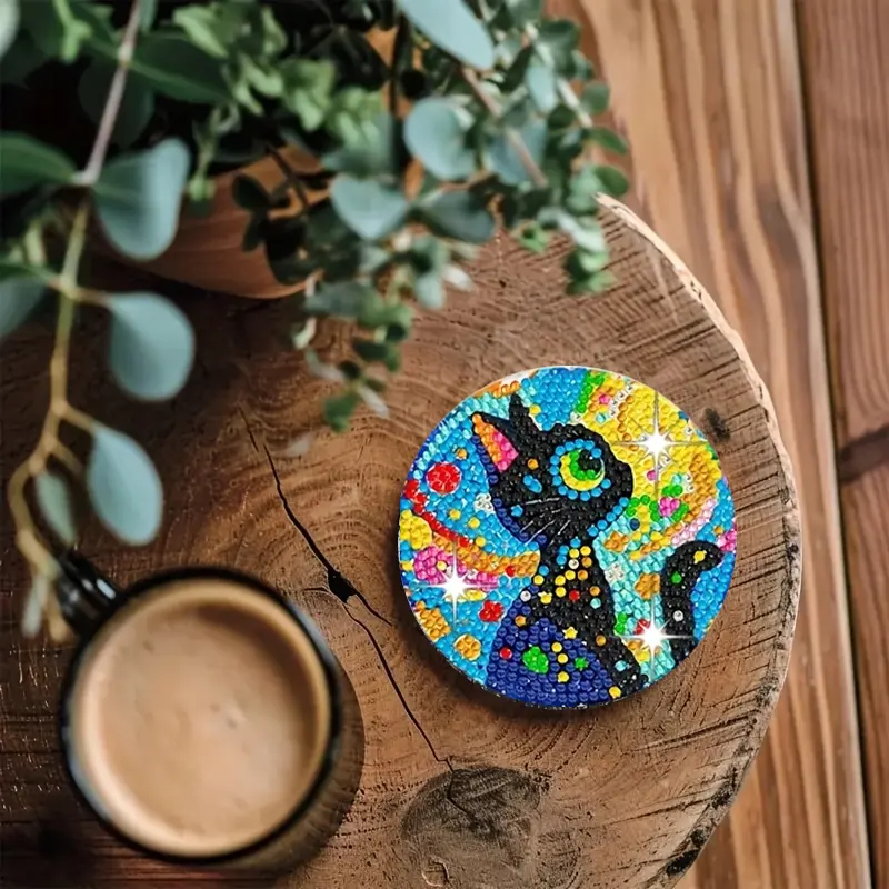 Yıldızı Gece Kedi Temalı Elmas Boyama Bardak Altlığı Seti