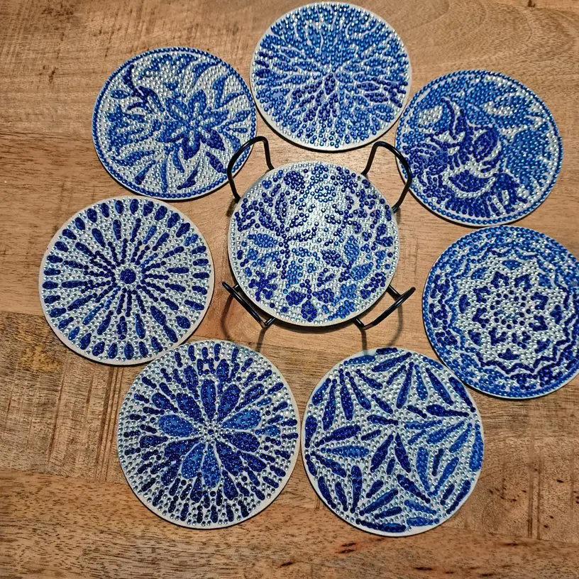 Mavi Beyaz Porselen Temalı Elmas Boyama Bardak Altlığı Seti