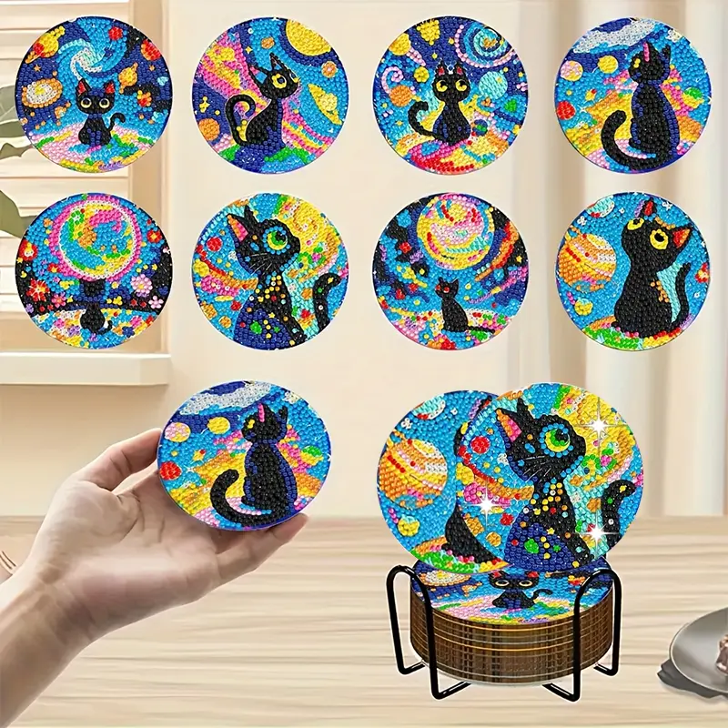 Yıldızı Gece Kedi Temalı Elmas Boyama Bardak Altlığı Seti