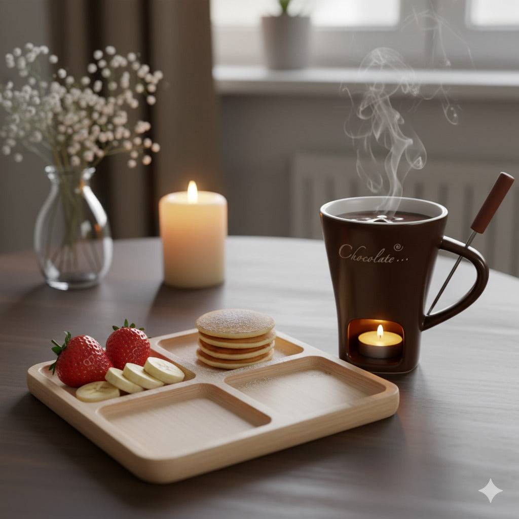 Porselen Çikolata Fondü Seti – Ahşap Sunum Tabağıyla