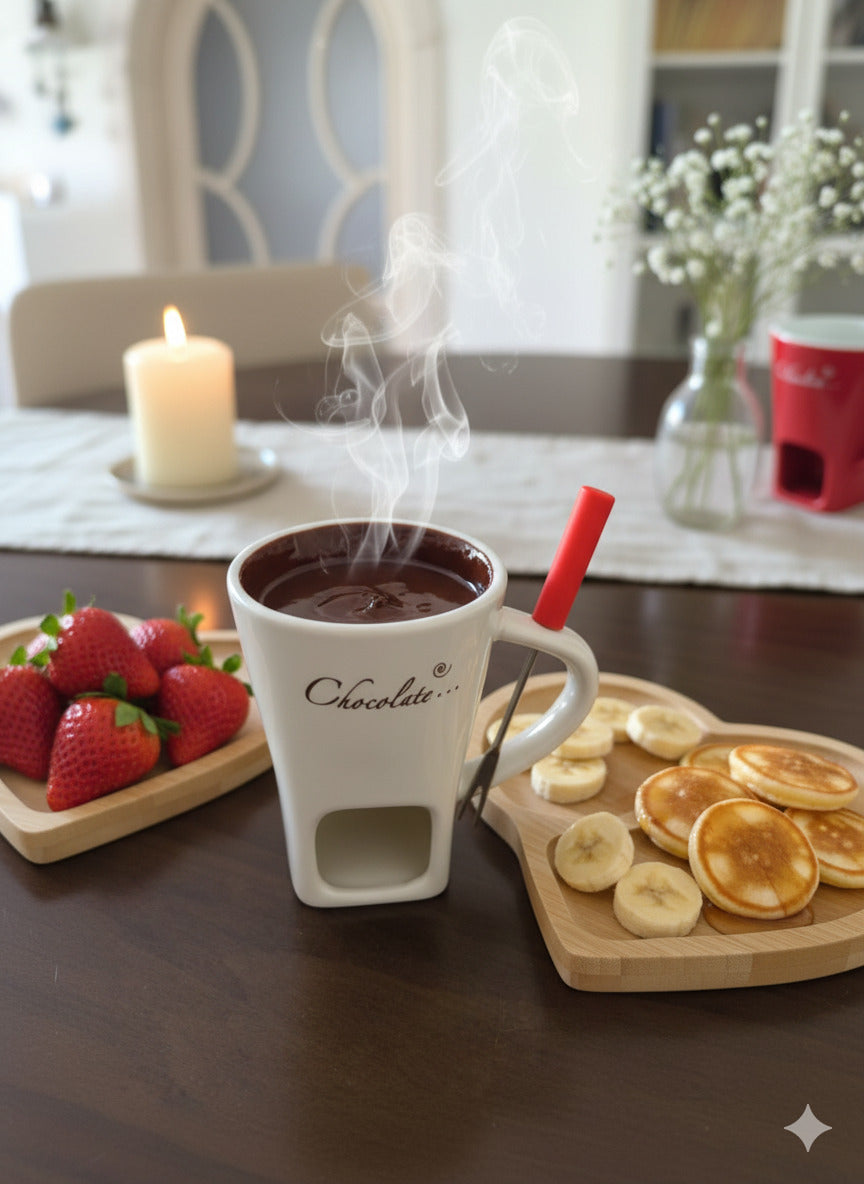 Porselen Çikolata Fondü Seti – Ahşap Sunum Tabağıyla