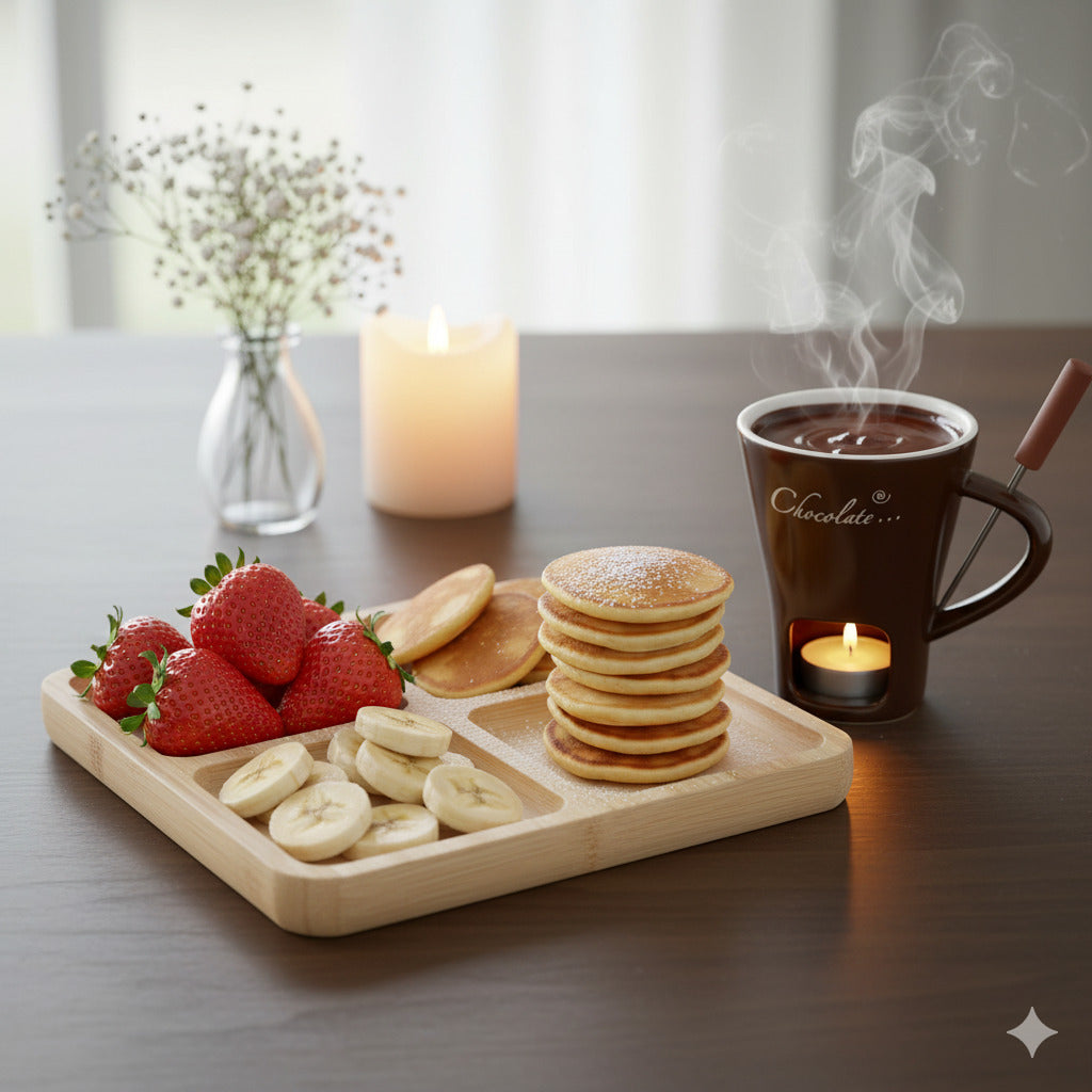 Porselen Çikolata Fondü Seti – Ahşap Sunum Tabağıyla