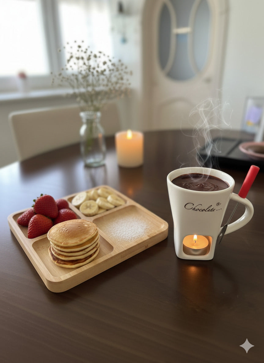 Porselen Çikolata Fondü Seti – Ahşap Sunum Tabağıyla