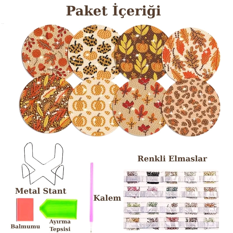 Balkabağı Temalı Elmas Boyama Bardak Altlığı Seti – 8 Parça, Metal Stant Dahil, DIY Kendin Yap