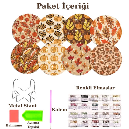 Balkabağı Temalı Elmas Boyama Bardak Altlığı Seti – 8 Parça, Metal Stant Dahil, DIY Kendin Yap