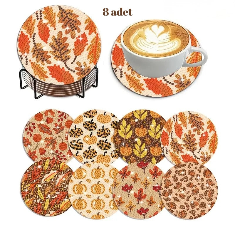 Balkabağı Temalı Elmas Boyama Bardak Altlığı Seti – 8 Parça, Metal Stant Dahil, DIY Kendin Yap