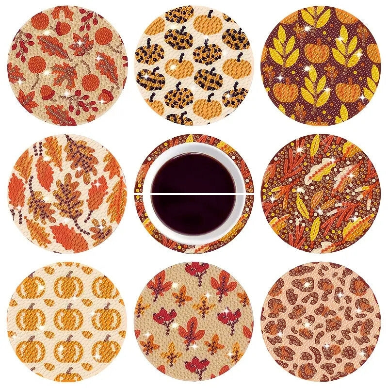 Balkabağı Temalı Elmas Boyama Bardak Altlığı Seti – 8 Parça, Metal Stant Dahil, DIY Kendin Yap