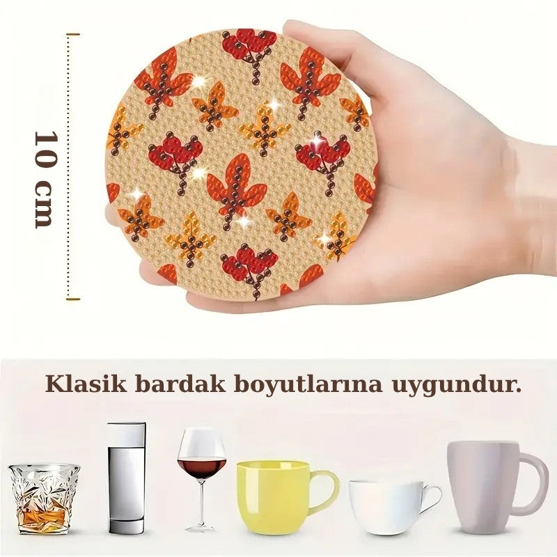 Balkabağı Temalı Elmas Boyama Bardak Altlığı Seti – 8 Parça, Metal Stant Dahil, DIY Kendin Yap