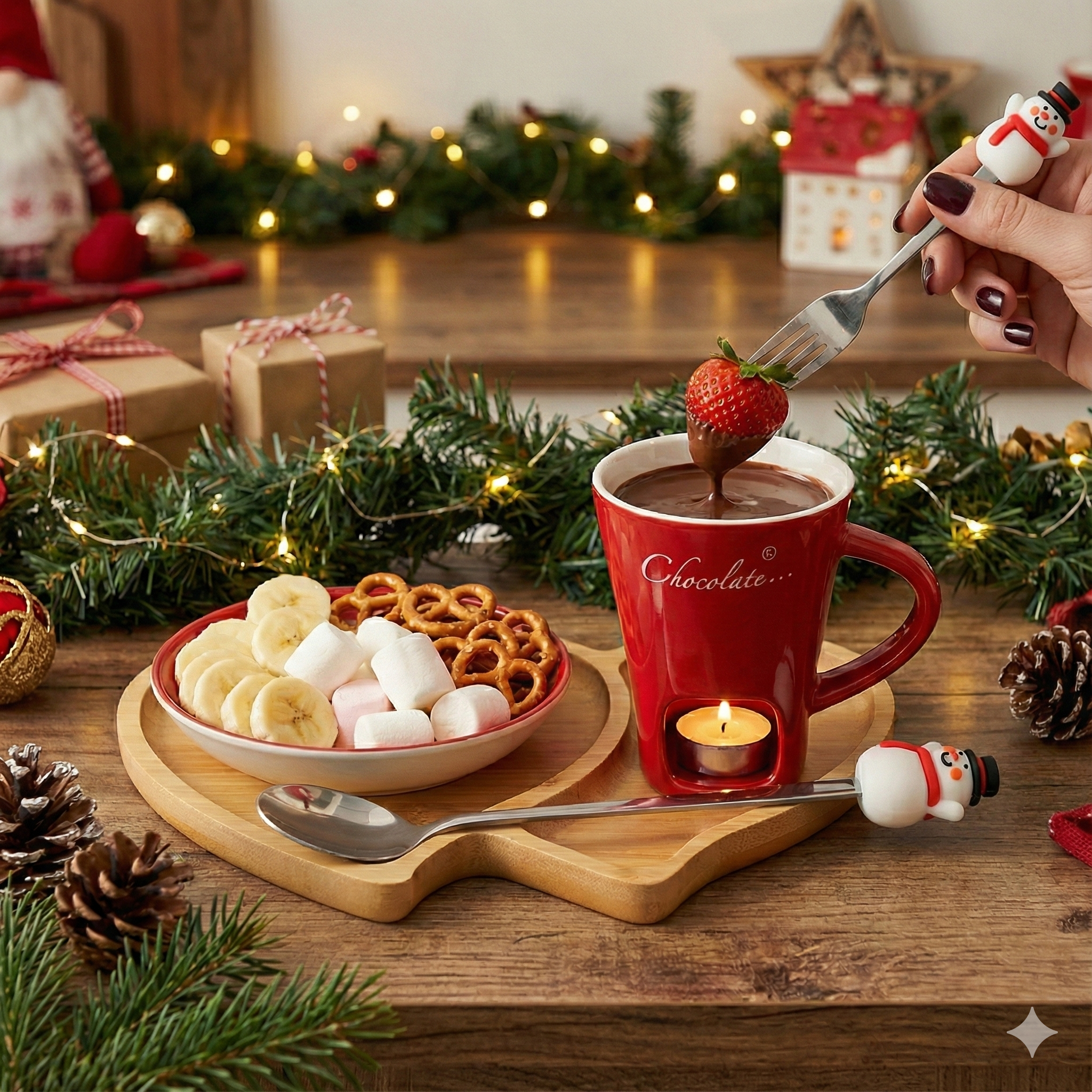 Kardan Adam Figürlü Paslanmaz Çelik Fondü ve Tatlı Sunum Seti