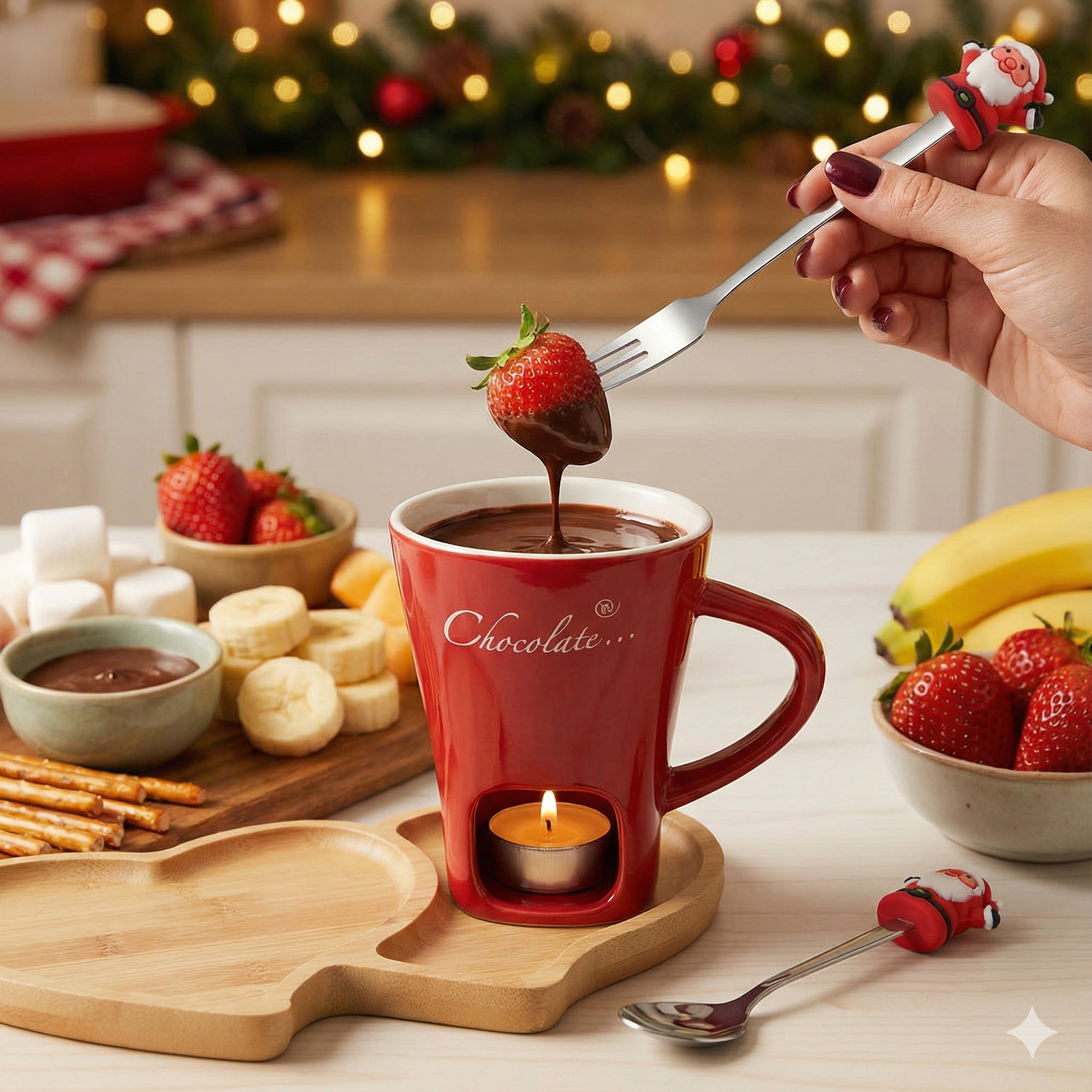 Noel Baba Figürlü Paslanmaz Çelik Fondü ve Sunum Seti 2'li