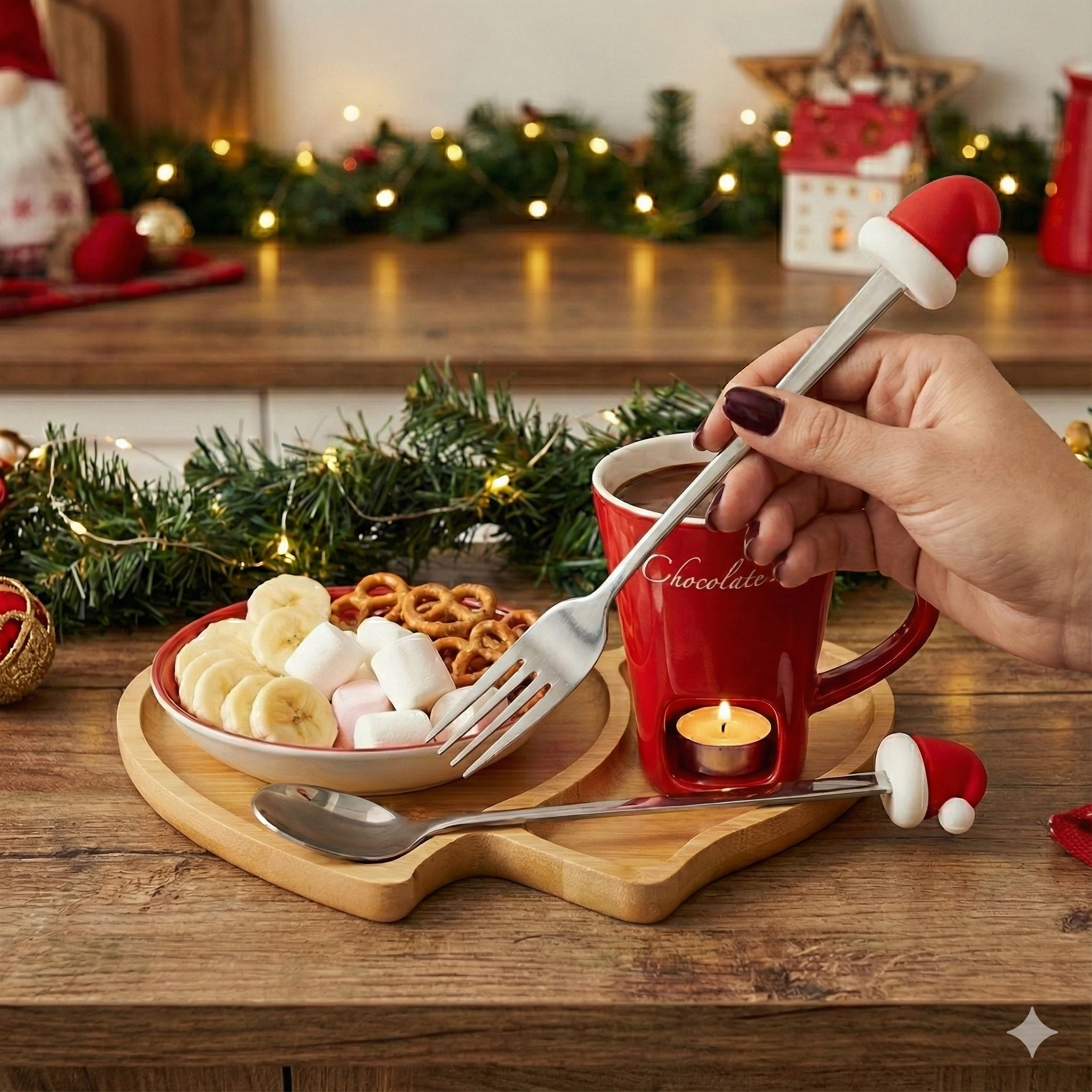 Noel Baba Şapkası Figürlü Paslanmaz Çelik Fondü ve Sunum Seti 2'li