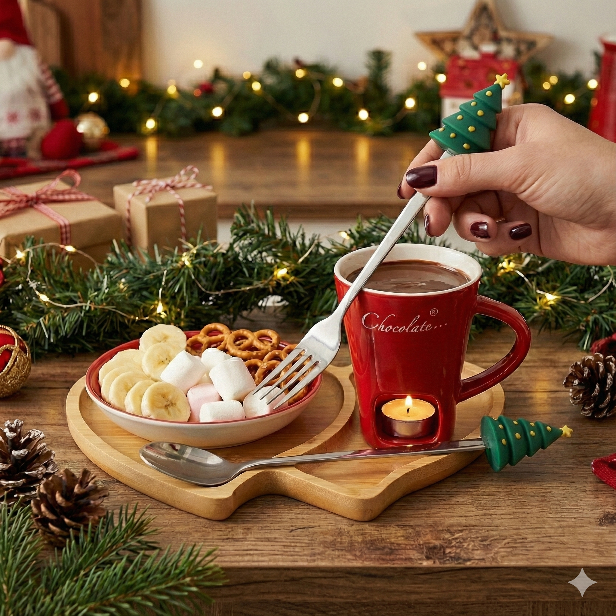 Yılbaşı Özel Çam Ağacı Figürlü Paslanmaz Çelik Fondü ve Sunum Seti 2'li