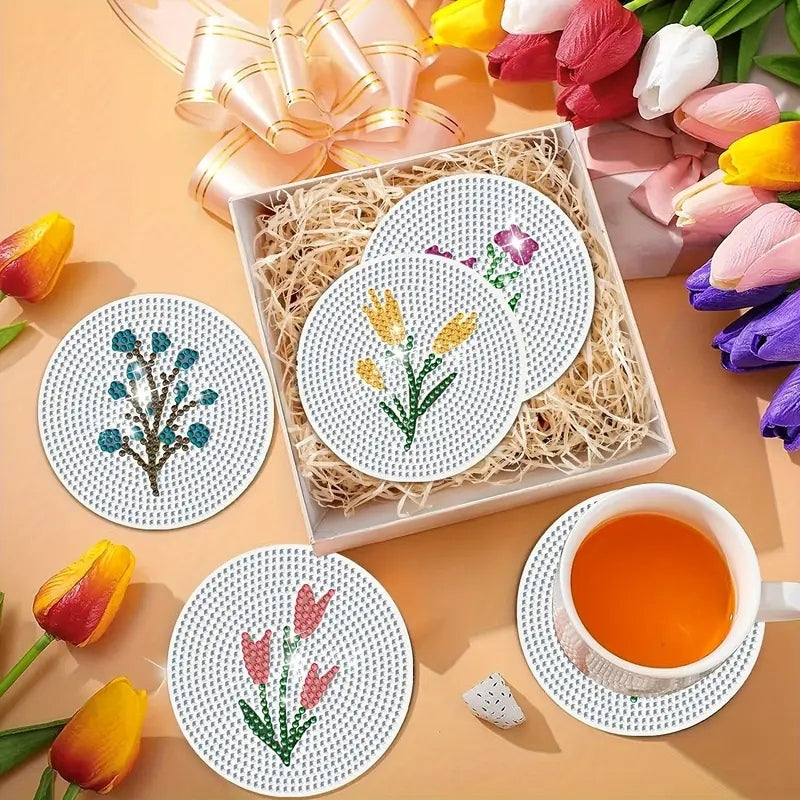 Çiçek Temalı Elmas Boyama Bardak Altlığı Seti