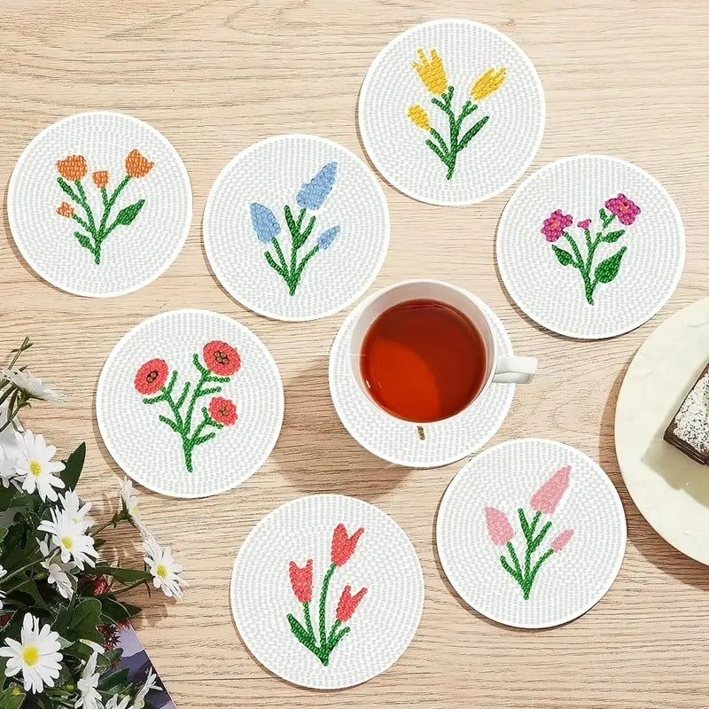 Çiçek Temalı Elmas Boyama Bardak Altlığı Seti