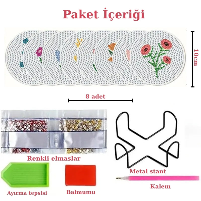 Çiçek Temalı Elmas Boyama Bardak Altlığı Seti