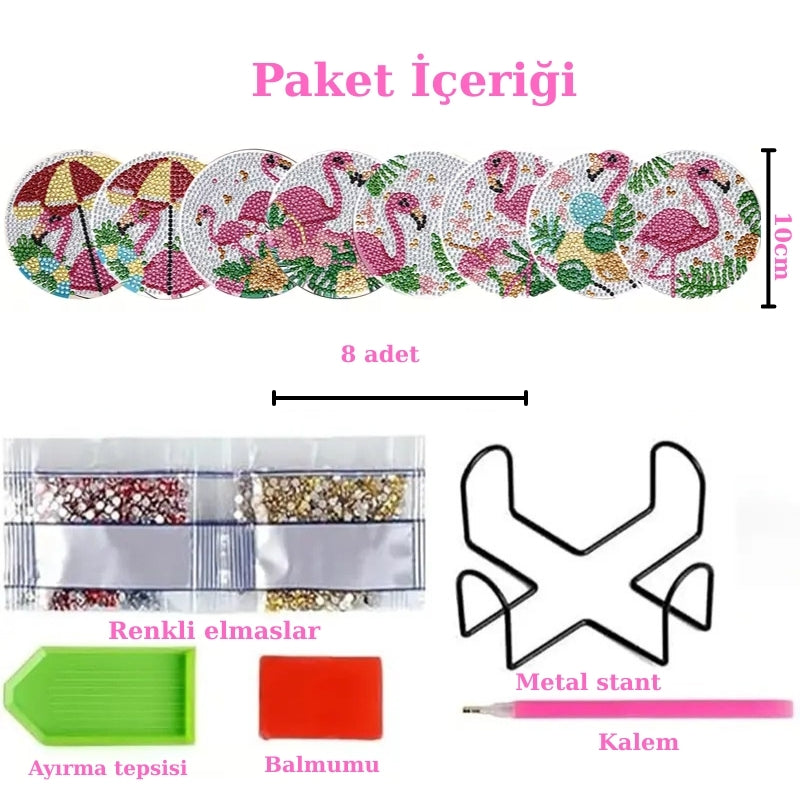Flamingo Temalı Elmas Boyama Bardak Altlığı Seti