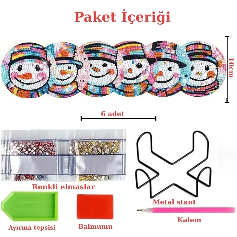 Kardan Adam Temalı Elmas Boyama Bardak Altlığı Seti