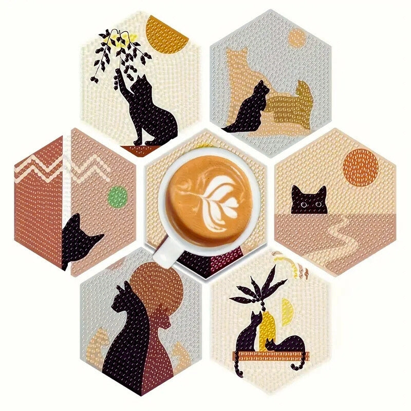 Kedi Silüeti Temalı Elmas Boyama Bardak Altlığı Seti