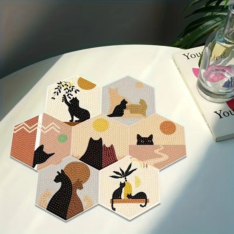 Kedi Silüeti Temalı Elmas Boyama Bardak Altlığı Seti