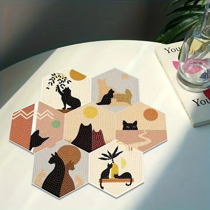 Kedi Silüeti Temalı Elmas Boyama Bardak Altlığı Seti