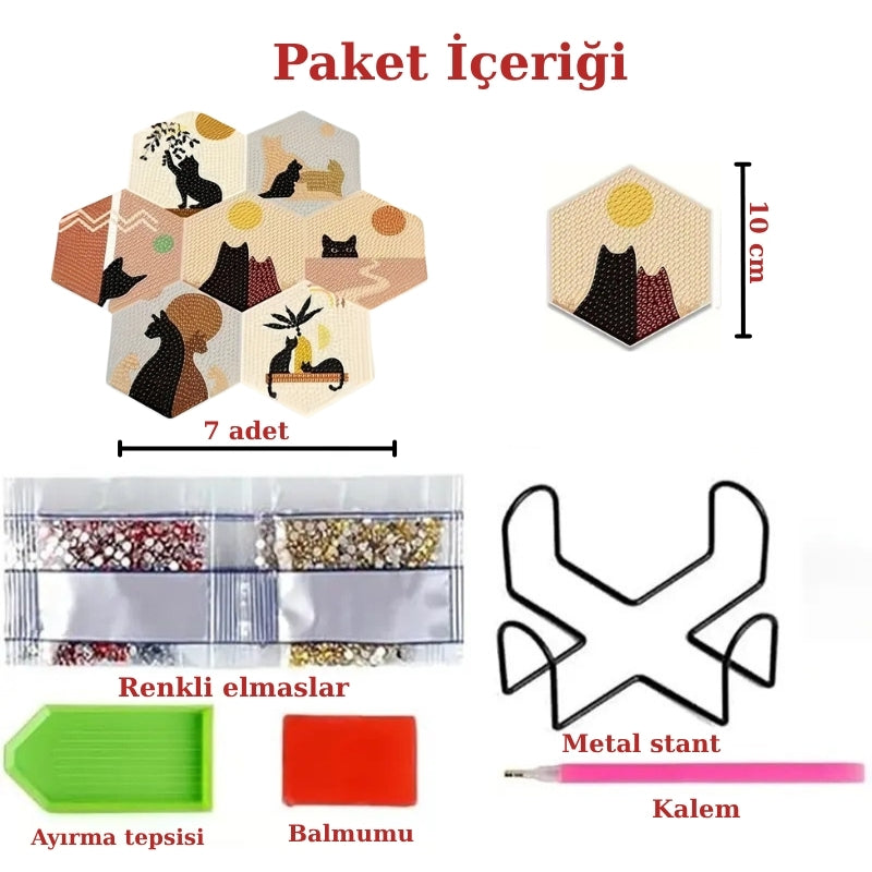 Kedi Silüeti Temalı Elmas Boyama Bardak Altlığı Seti