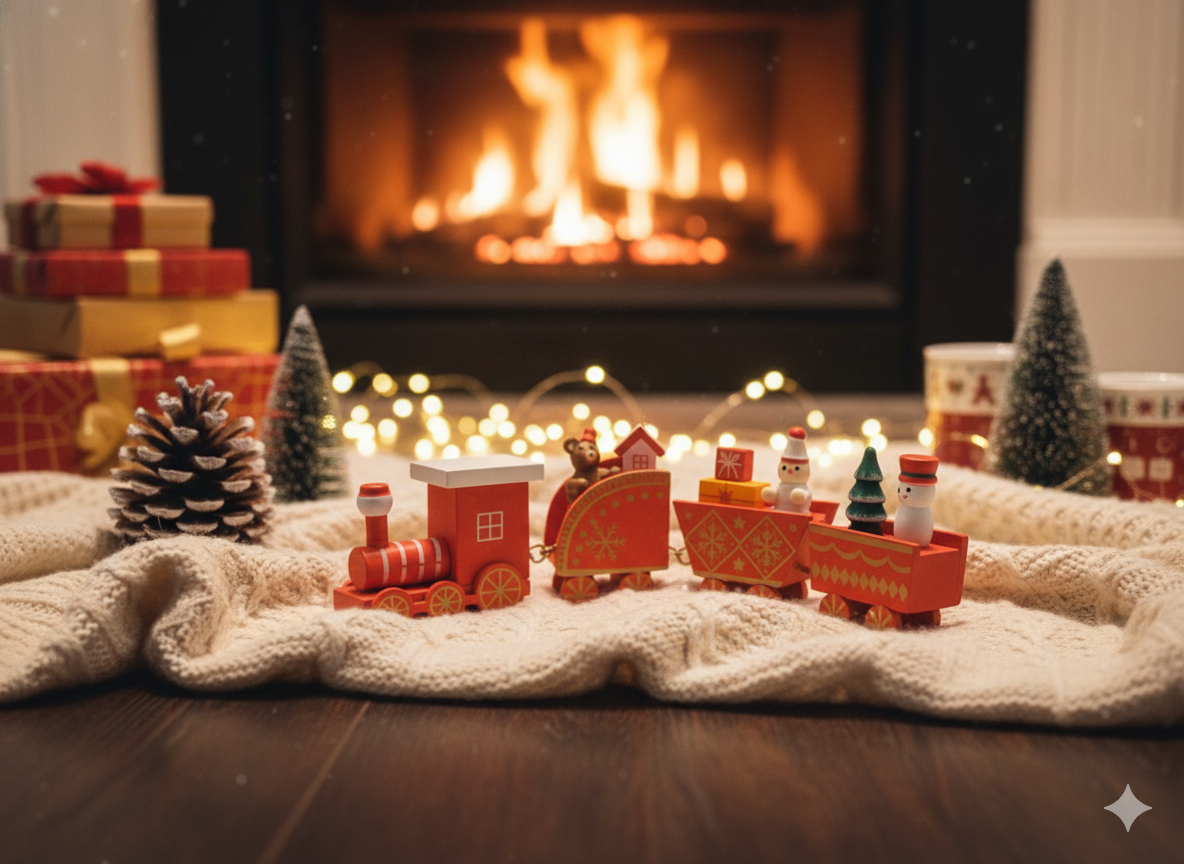 Yılbaşı Temalı Ahşap Tren - Kırmızı Noel Ekspresi, Masaüstü Dekoratif Süs ve Hediye Oyuncak