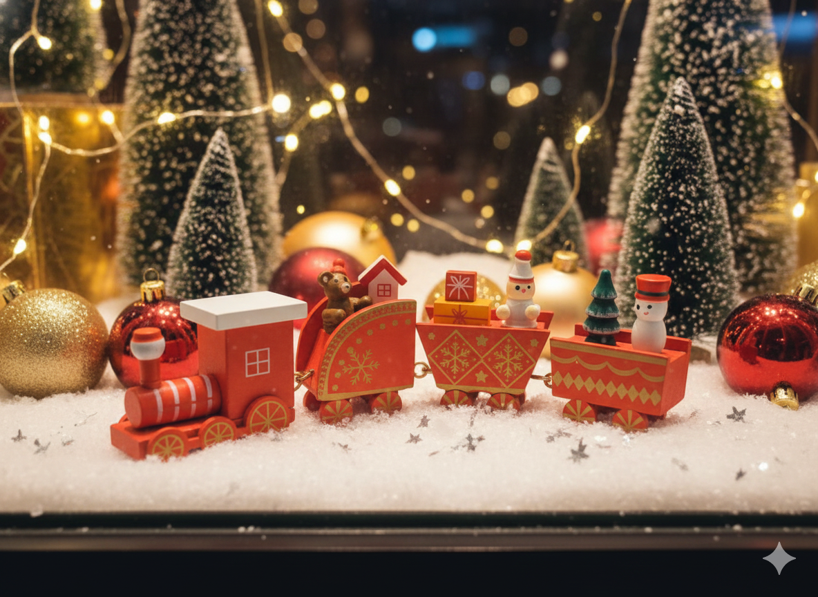 Yılbaşı Temalı Ahşap Tren - Kırmızı Noel Ekspresi, Masaüstü Dekoratif Süs ve Hediye Oyuncak