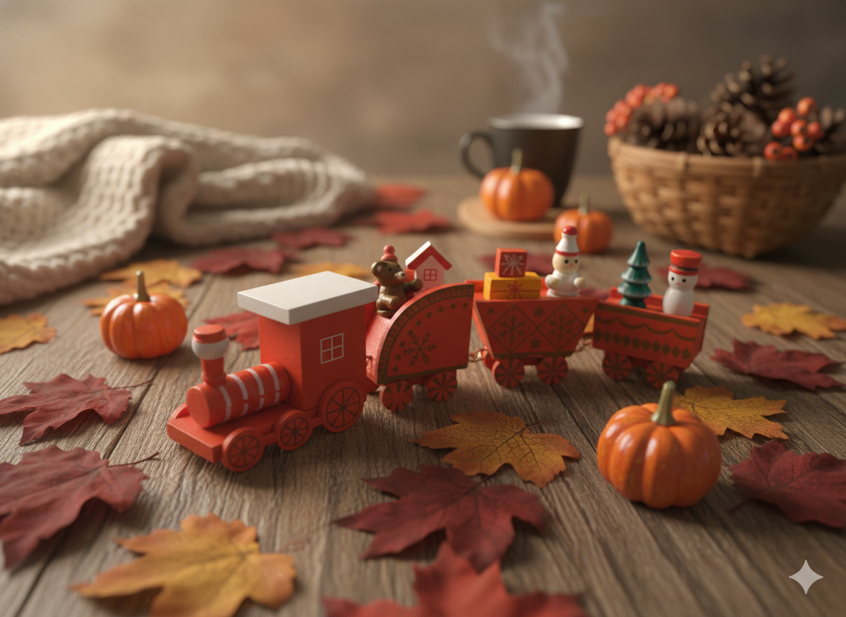 Yılbaşı Temalı Ahşap Tren - Kırmızı Noel Ekspresi, Masaüstü Dekoratif Süs ve Hediye Oyuncak